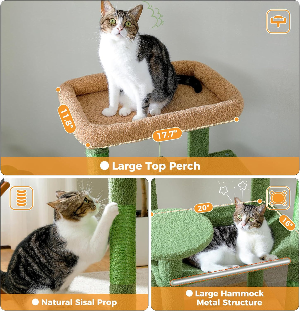 PETEPELA 56.3'' Tall Cat Tree for Indoor Cats, Cactus Cat Tower with Super Large Hammock