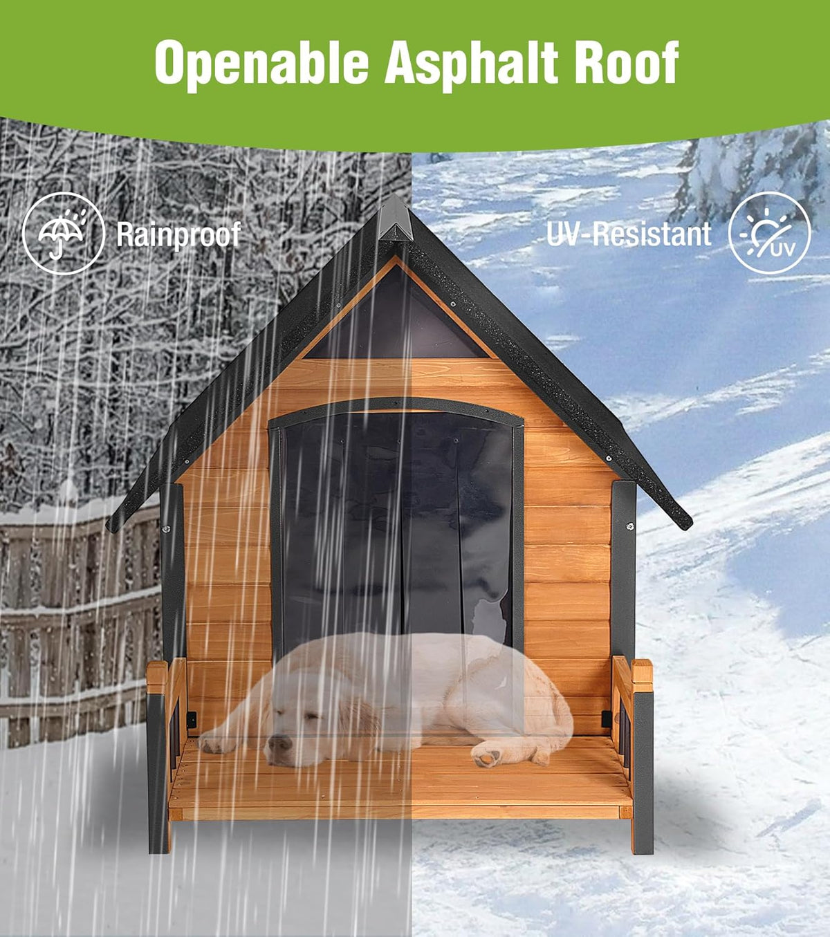Large Outdoor Heated Dog House with Porch, All-Around Insulated Liner, Weatherproof Outside Dog
