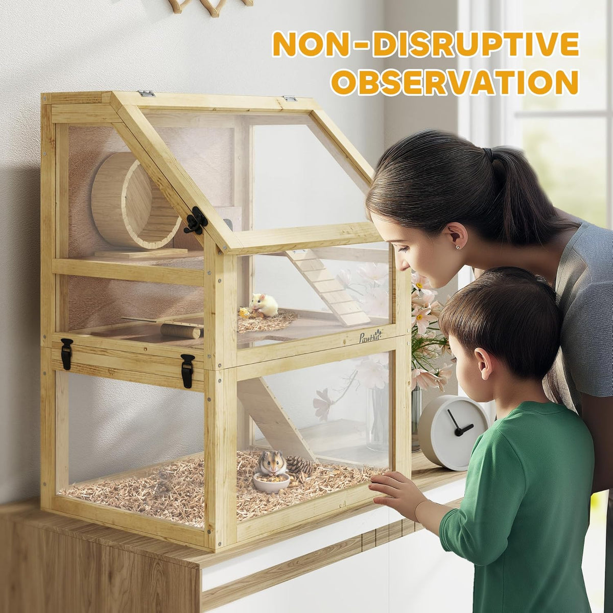 PawHut Wooden Hamster Cage, 3 Tier Small Animal Cage with Detachable 12.6" Deep Bottom, Hut
