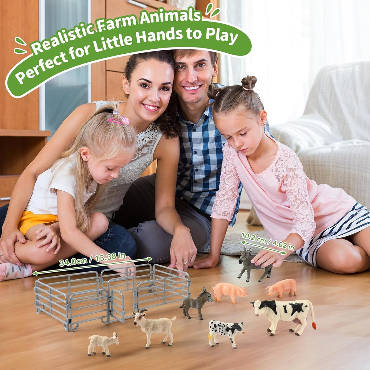 Farm Animal Toys, Realistic Farm Animal Figurines and Fence Playset, Includes Cow Pig Donkey Goat