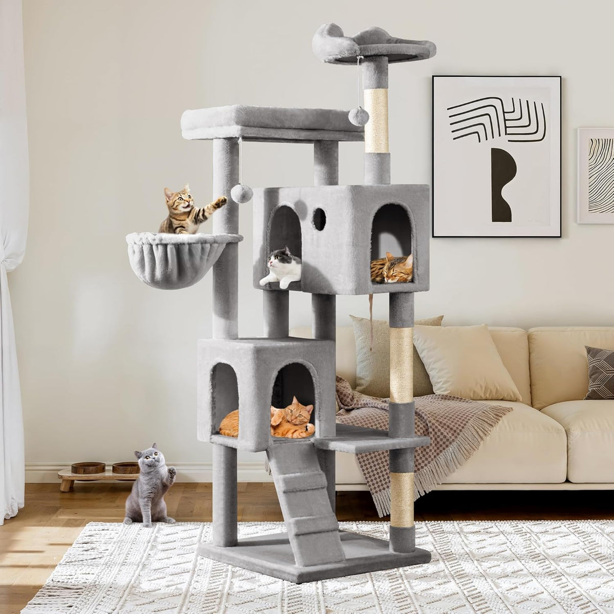Allewie 64 Inches Cat Tree Tower/Multi-Level Activity Center for Indoor Big Felines/2 Plush