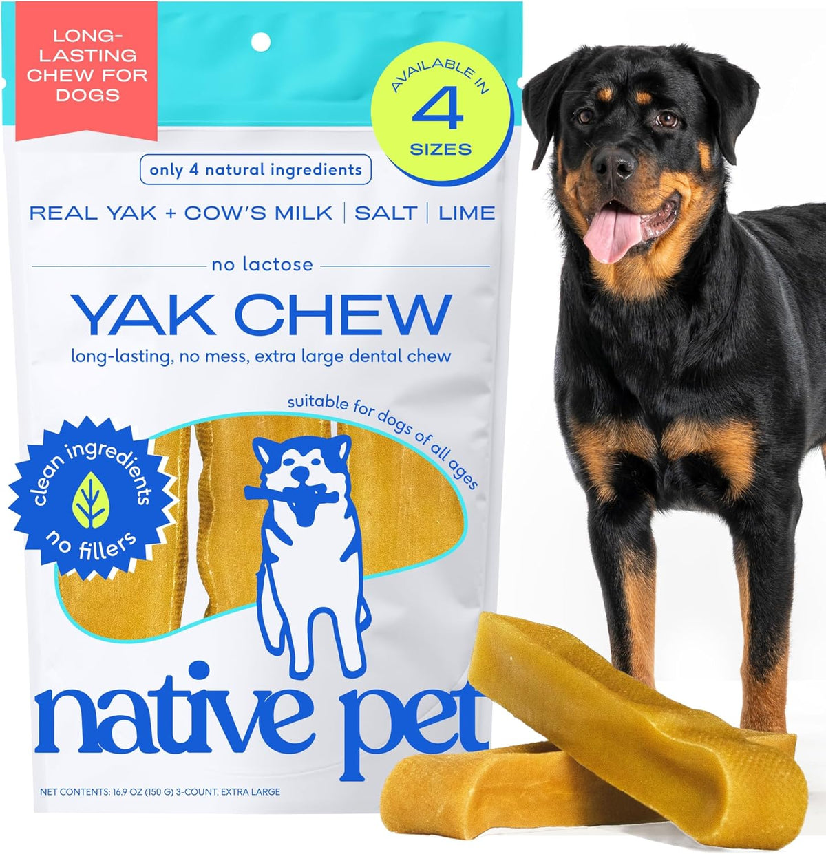 Native Pet Yak Cheese Himalayan Dog Chews XLarge - Long Lasting Dental Sticks for Extra Large