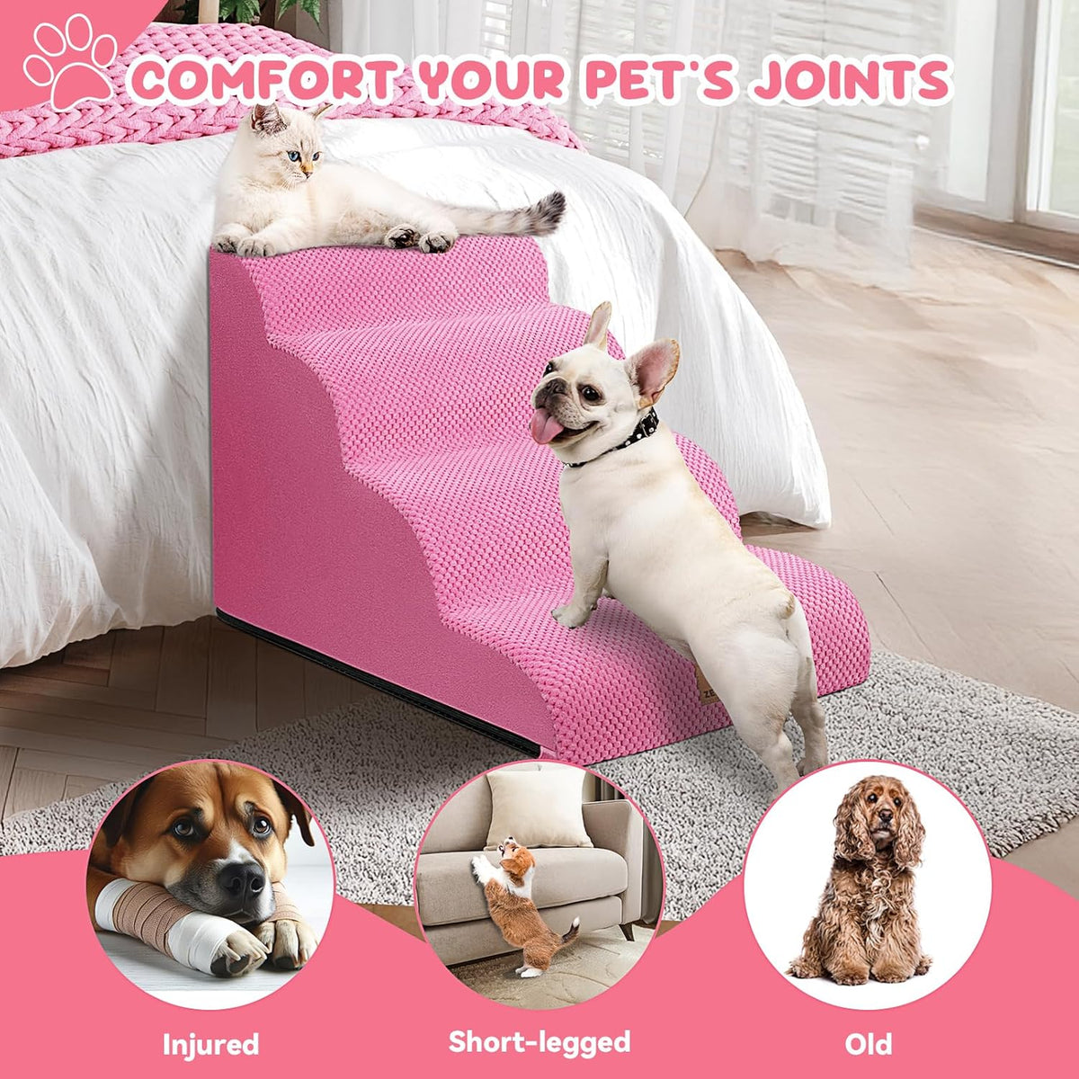 Dog Ramp and Stair for Bed 16" H-20 H,3-Step Cat Stair for Sofa and Chair,4-Step Dog Ramp for High