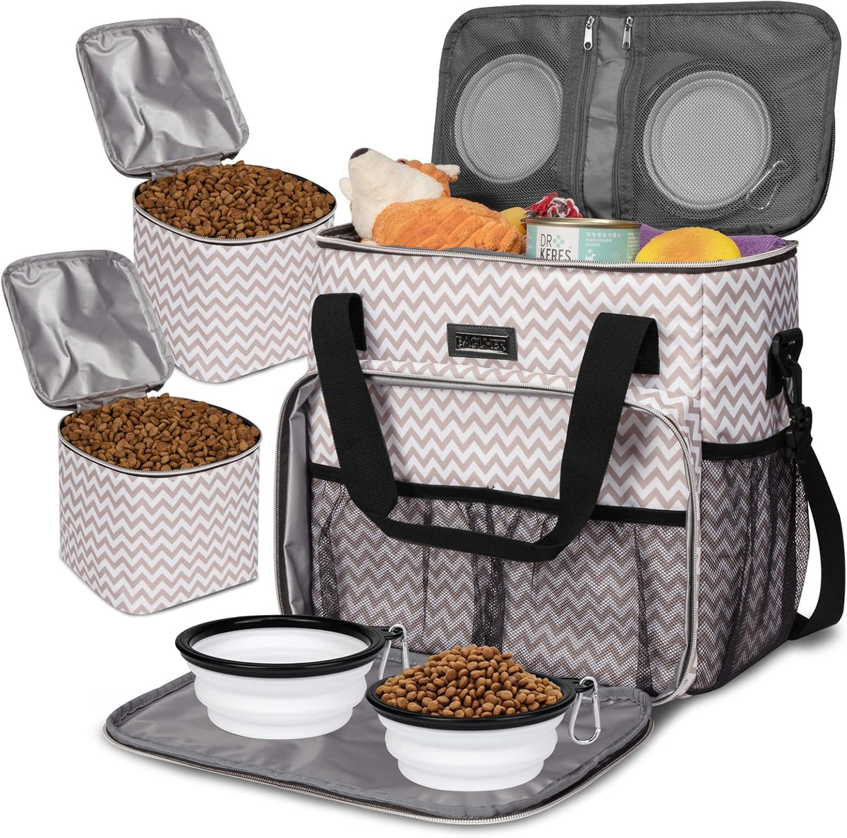 BAGLHER Dog Travel Bag, Pet Travel Bag (ALL Pet Travel Supplies), With 2 Pet Food Containers and 2