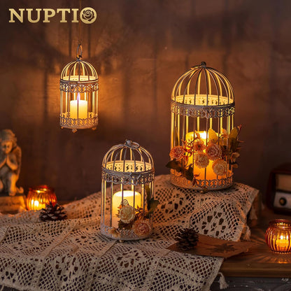 NUPTIO Decorative Candle Lanterns White: 3 Pcs Distressed White Metal Bird Cage Indoors Lantern