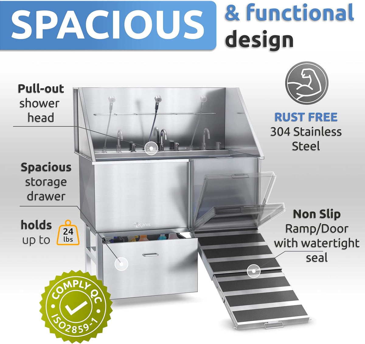 KANIS Professional Dog Washing Station - 304 Stainless Steel Pet Wash Sink & Grooming Bath Tub for