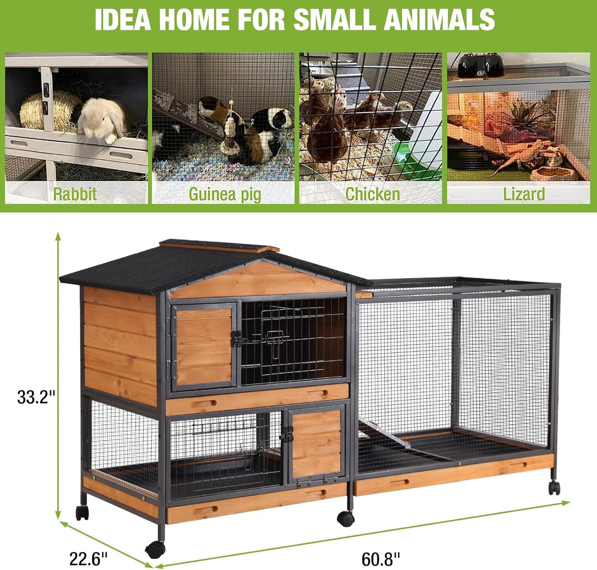 GUTINNEEN Rabbit Hutch Outdoor with Metal Surround Indoor Rabbit Cage with Wheels Bunny Cage Large