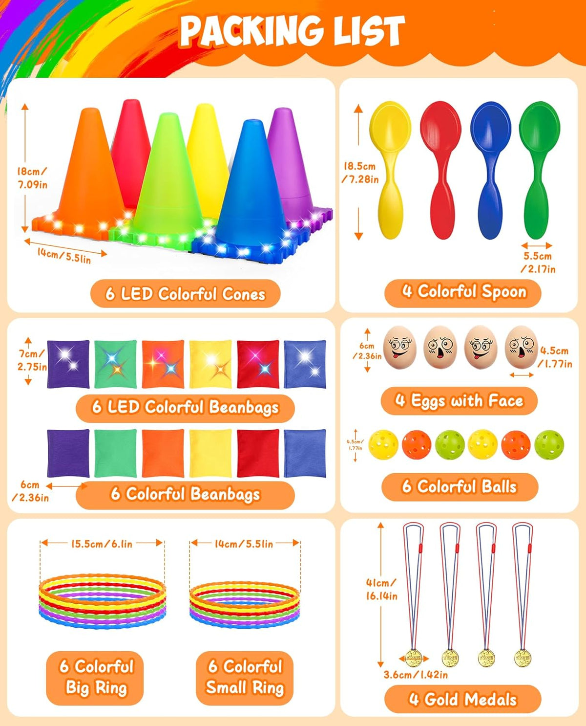 Eocolz 49PCS Carnival Games Outdoor Combo Set for Kids with LED Light, Plastic Cones Obstacle