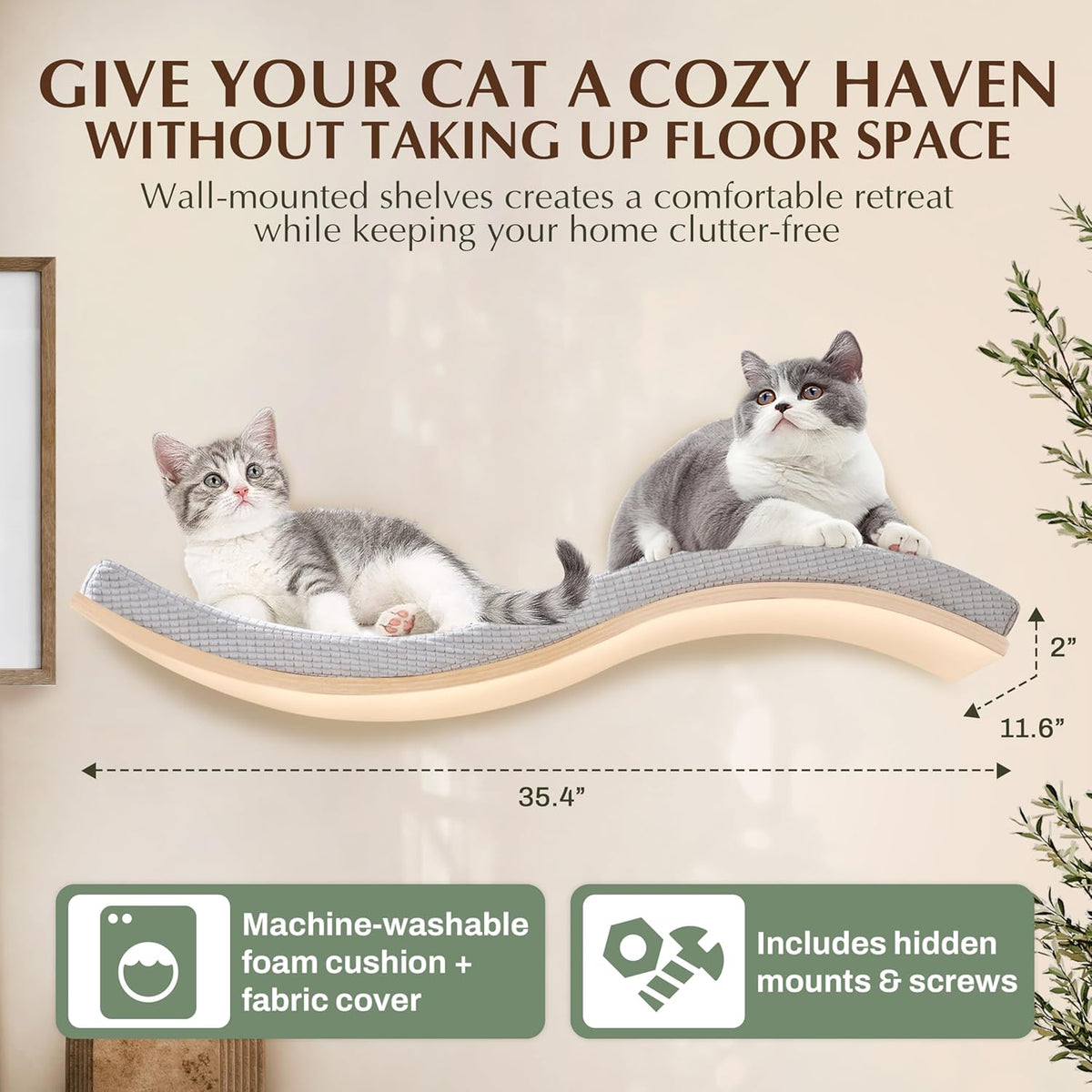 Extra Large 35.4” × 11.6” Stylish Cat Wall Shelves with Soft Cushion, Modern Wall-Mounted Cat Tree