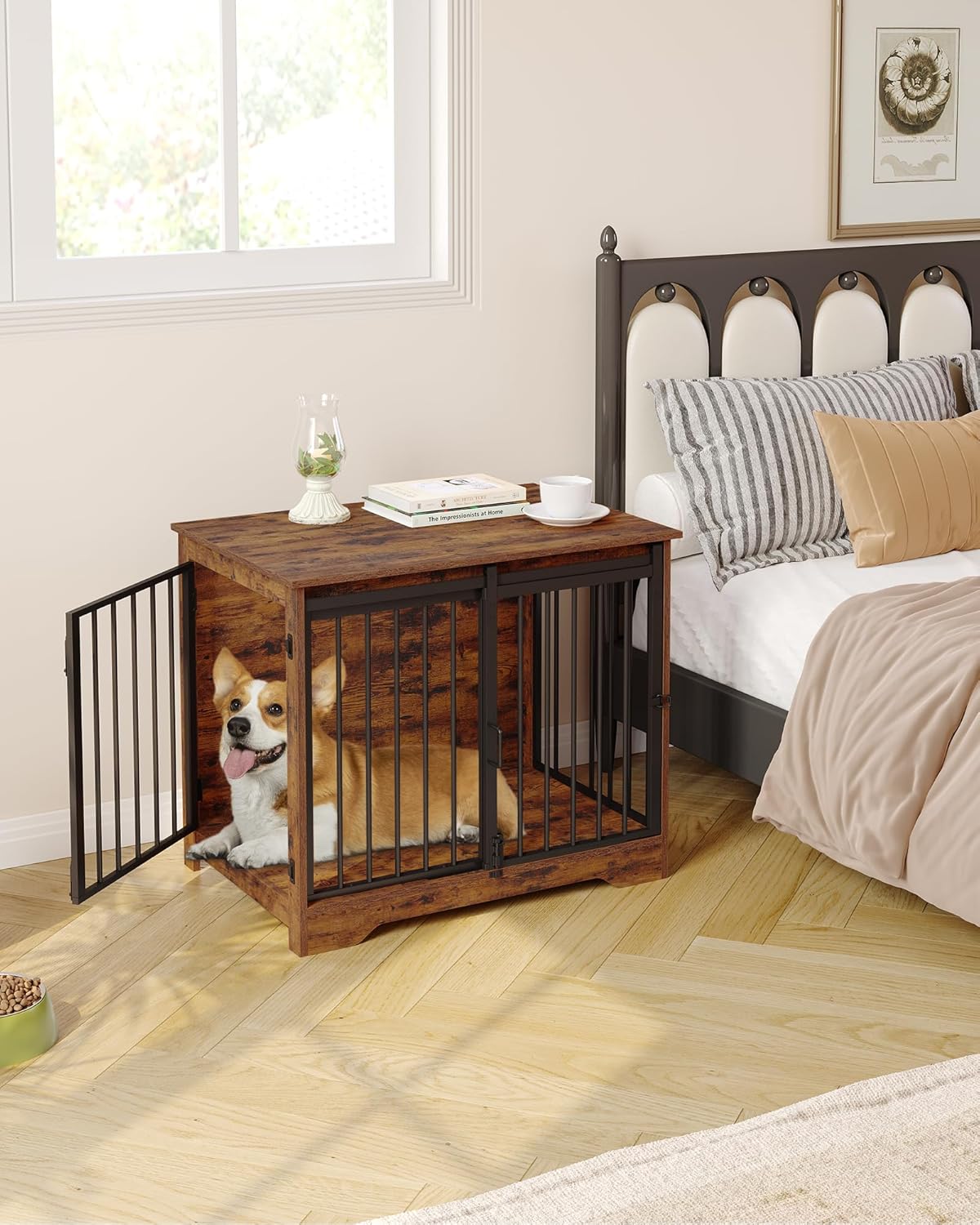 31.9" Dog Crate Furniture with Barn Door, Heavy Duty Dog Kennel Indoor with 2 Doors, Wooden Pet