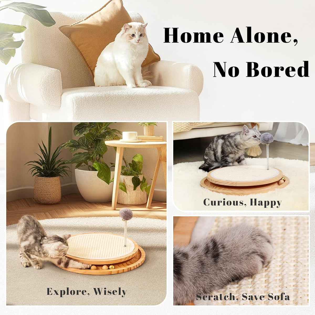 Cat Scratcher, Cat Natural Sisal Scratching Pad, Kitten Interactive Toy with Ball Track Spring Ball