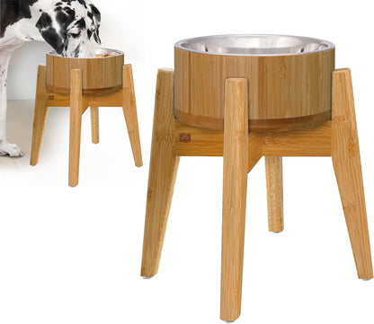 Dog Bowls Elevated, 12-inch High, 5-Cup Cap - Set of Bamboo Holder, Stainless Inner Dish and Stand