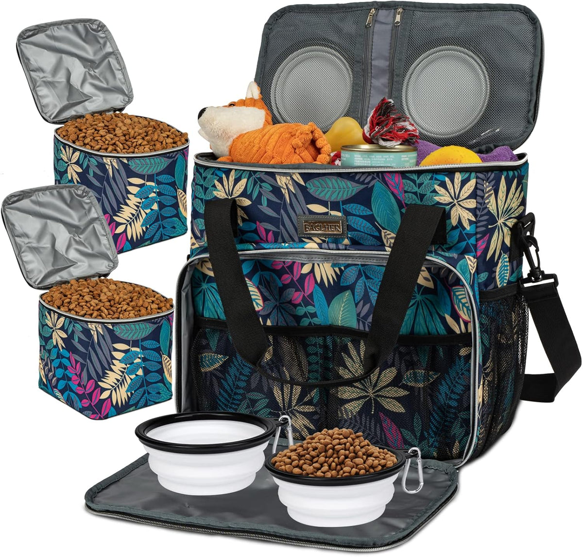 BAGLHER Dog Travel Bag, Pet Travel Bag (All Pet Travel Supplies), with 2 Pet Food Containers and 2