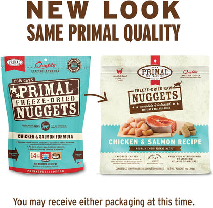 Primal Freeze Dried Raw Cat Food Nuggets Chicken & Salmon, Complete & Balanced Meal or Topper