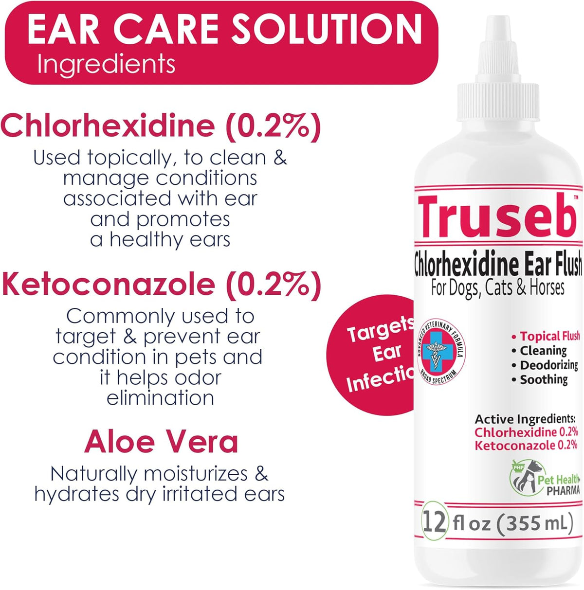All Natural Ear Flush for Dogs & Cats, Ketoconazole & Chlorhexidine Ear and Vet-Strength Ear wash