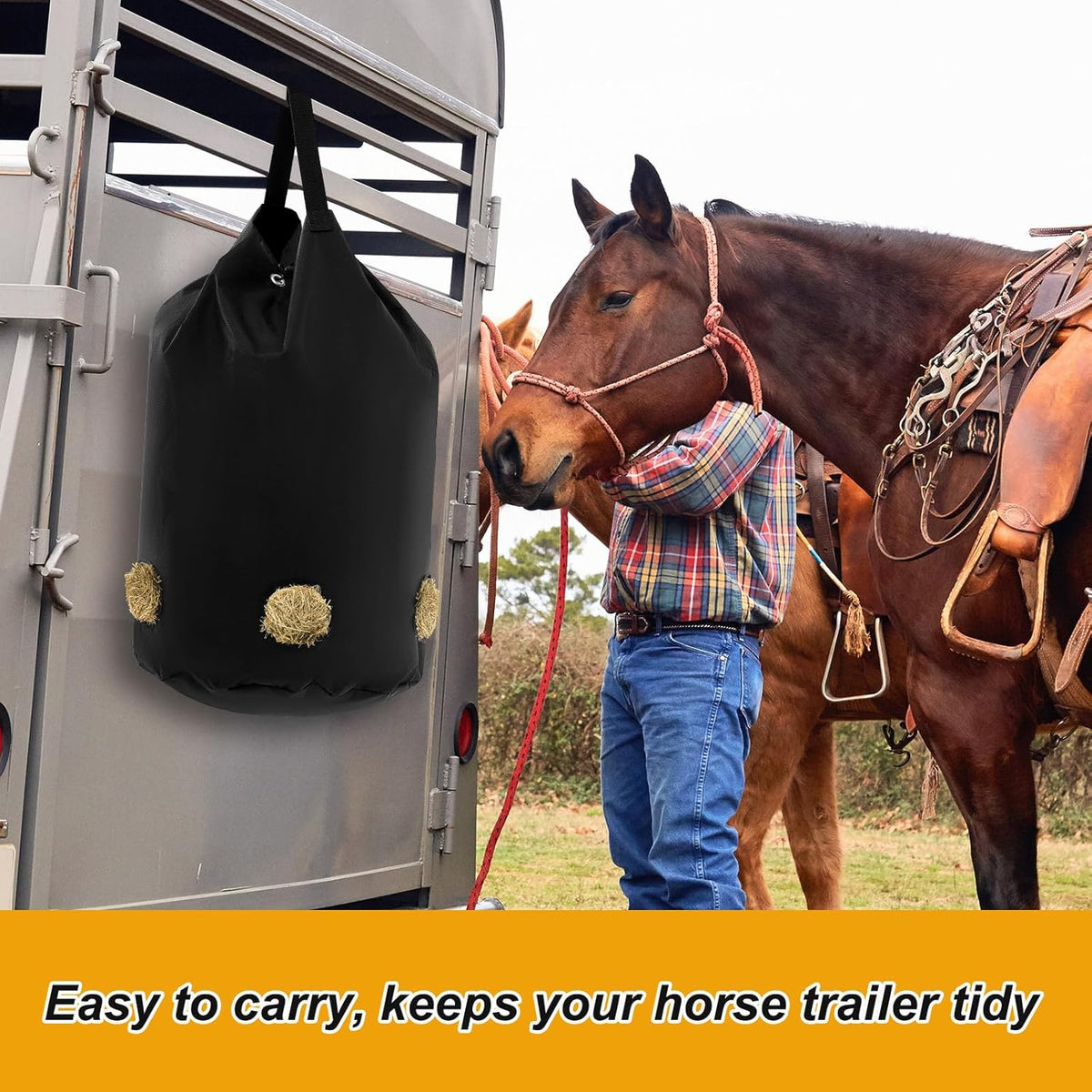 2 Pcs hay Bags for Horses Goats Slow Feed 1680D Oxford Bag Black Large Capacity Net Open Feed Hole