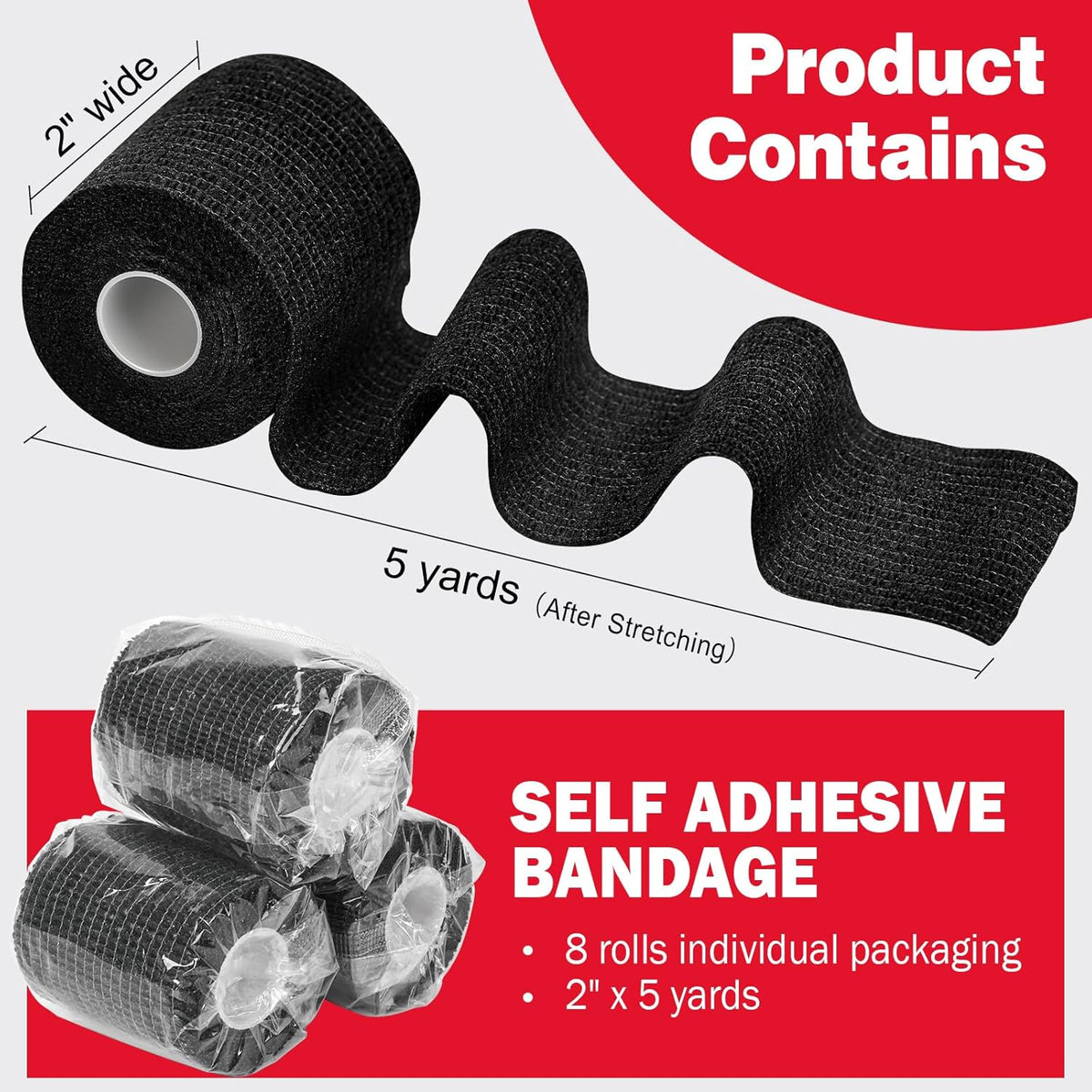 AZEN 8 Pack Self Adhesive Bandage Wrap, 2" X 5 Yards Elastic Cohesive Bandage Wrap, Black Athletic