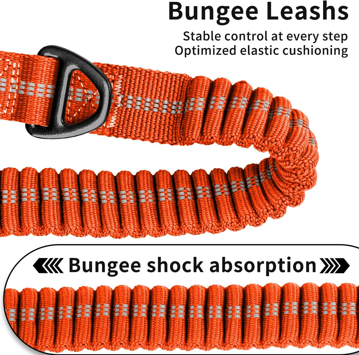 Heavy Duty Tactical Dog Leash, 4-6FT Shock Absorbing Bungee Leash with 2 Padded Handles, Metal