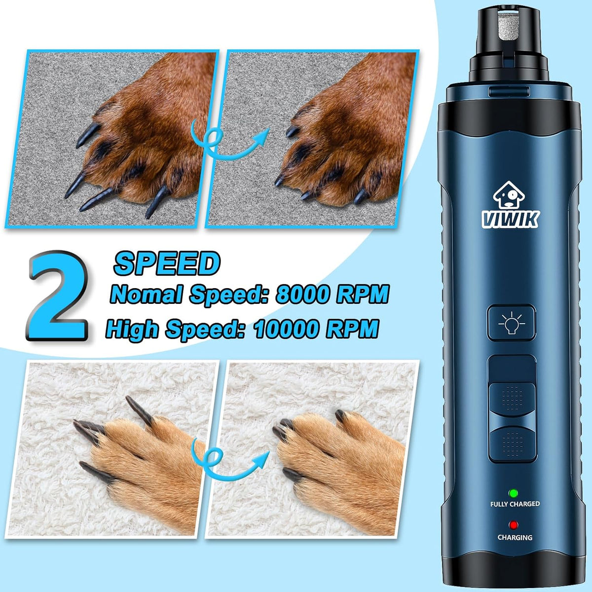 VIWIK Dog Nail Grinder, Dog Nail Trimmers with LED Lights, Pet Nail Clippers Kit for Large Medium