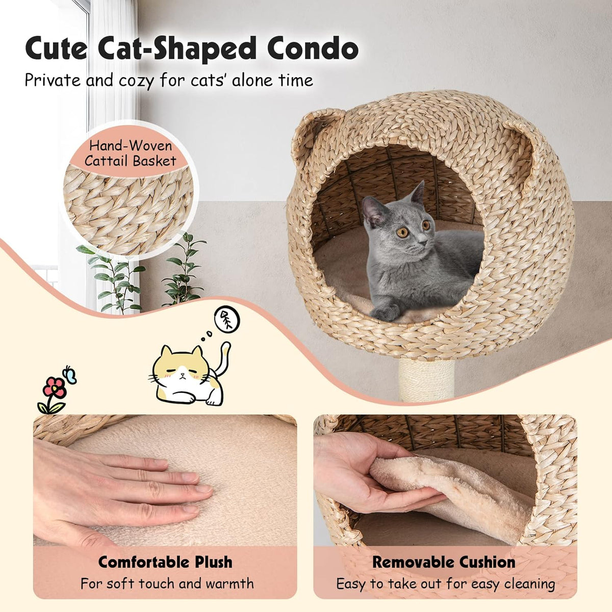 PETSITE Woven Cat Tree, Modern Cat Tower with Hammock & Scratching Posts, Cattail Condo & Top
