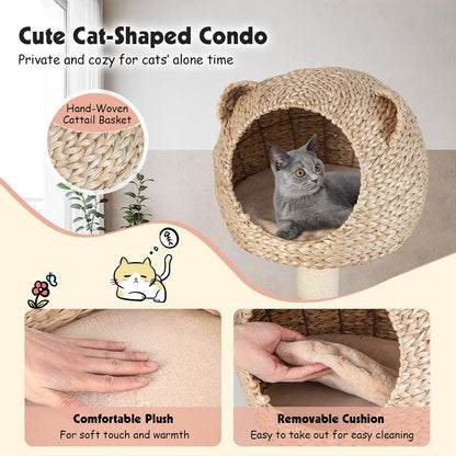 PETSITE Woven Cat Tree, Modern Cat Tower with Hammock & Scratching Posts, Cattail Condo & Top