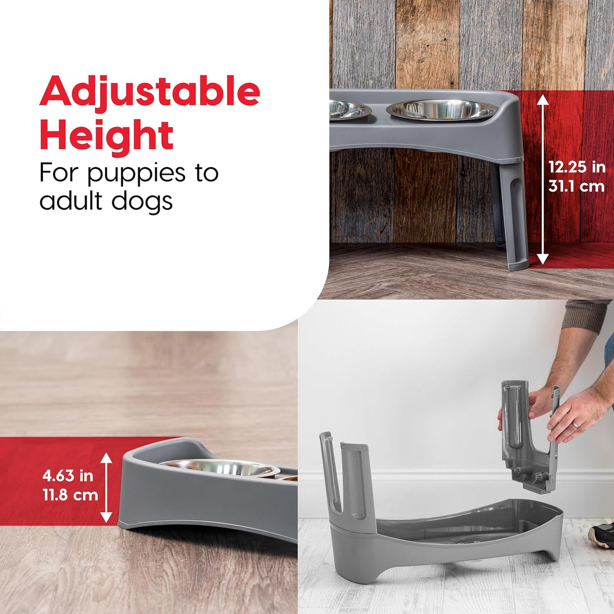 IRIS USA Elevated Dog Bowls, Adjustable Height, 2 Thick 64 oz Stainless Steel Bowls, Spill-Proof