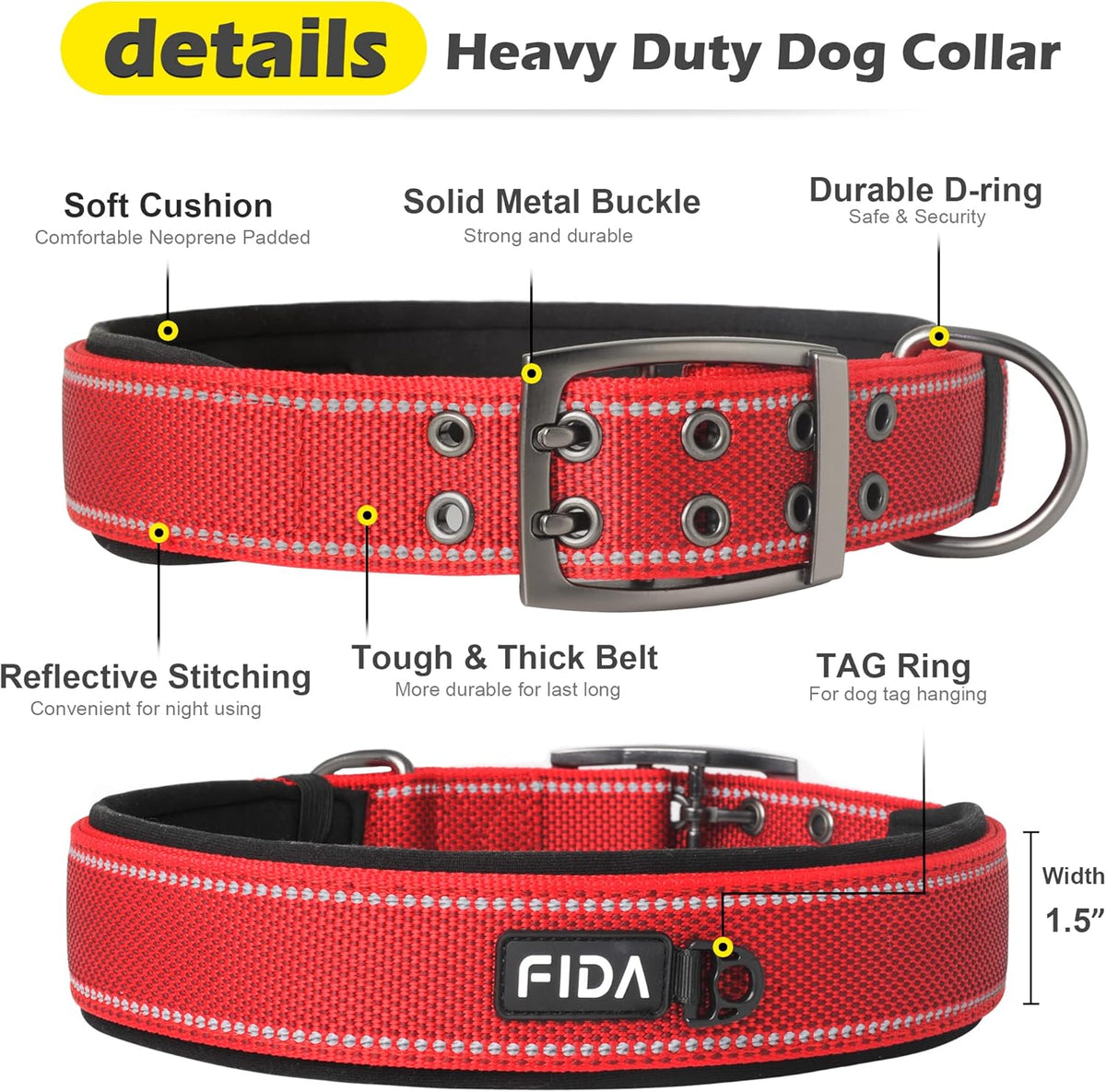Fida Heavy Duty Dog Collar 1.5” Width, Ultra Soft Neoprene Padded, Adjustable Reflective Nylon Pet