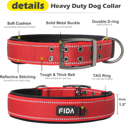 Fida Heavy Duty Dog Collar 1.5” Width, Ultra Soft Neoprene Padded, Adjustable Reflective Nylon Pet