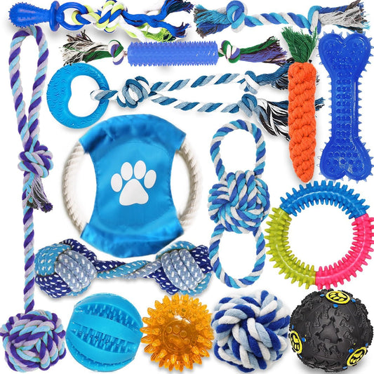 Dog Toys 15 Pack for Teeth Cleaning and Fun, Puppy Teething Chew Toys Interactive Rope Squeaky