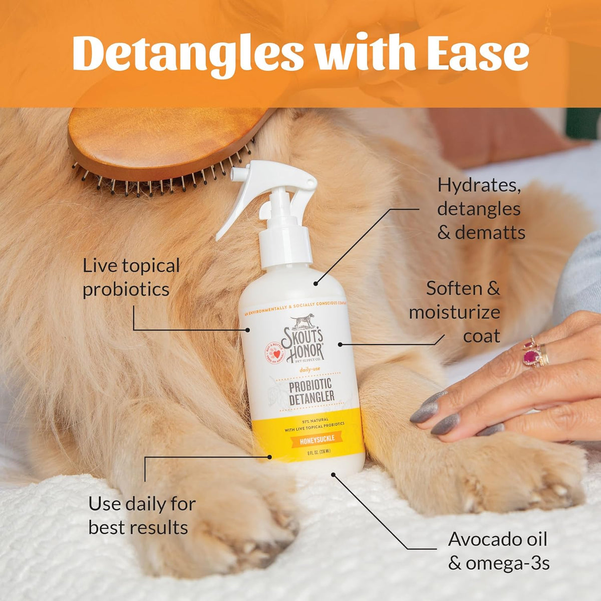 Skout's Honor Probiotic Pet Detangler Spray - Hydrating & Conditioning w/Avocado Oil, 97% Natural