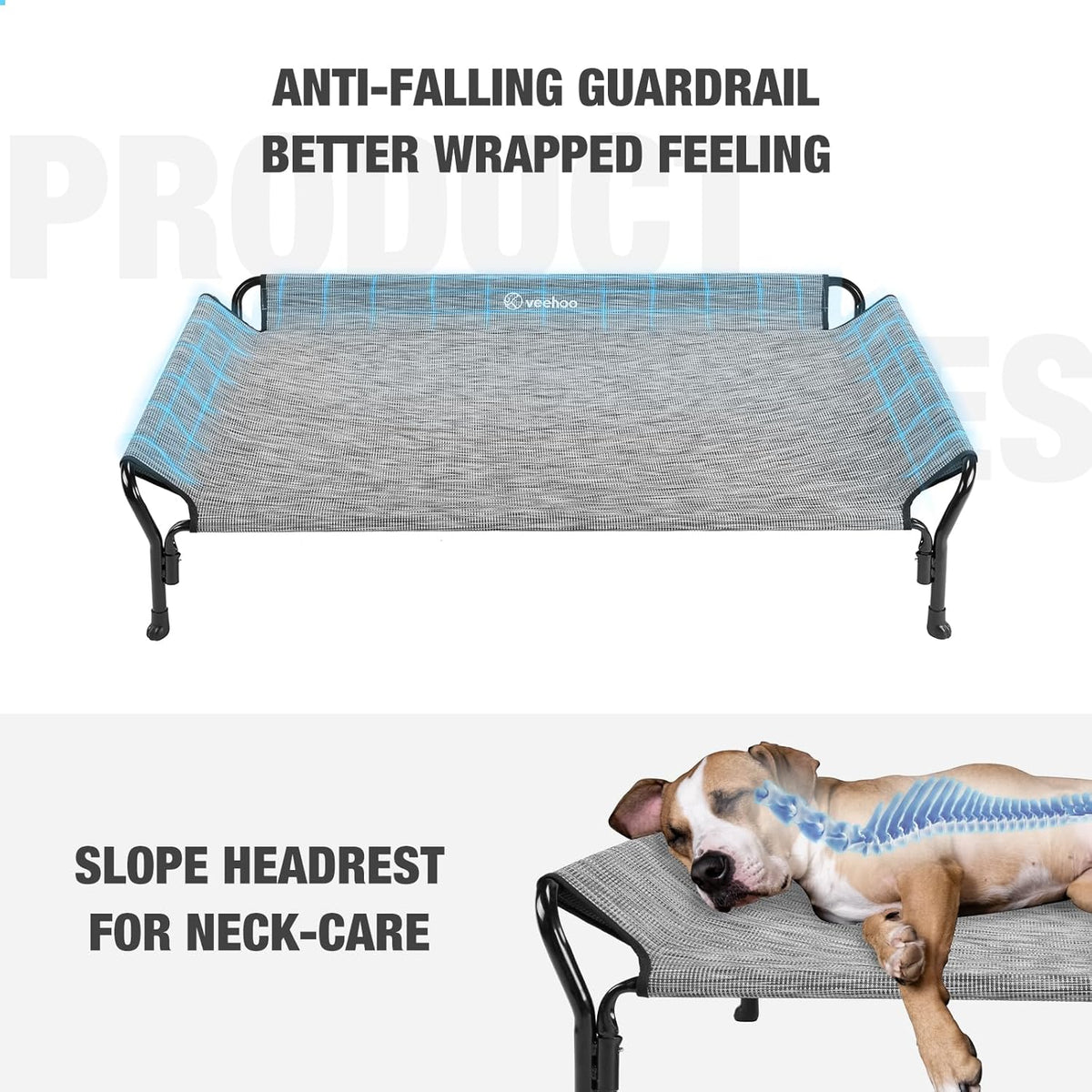 Veehoo Cooling Elevated Dog Bed, XL Raised Pet Cot with Guardrail & Slope Headrest, Durable