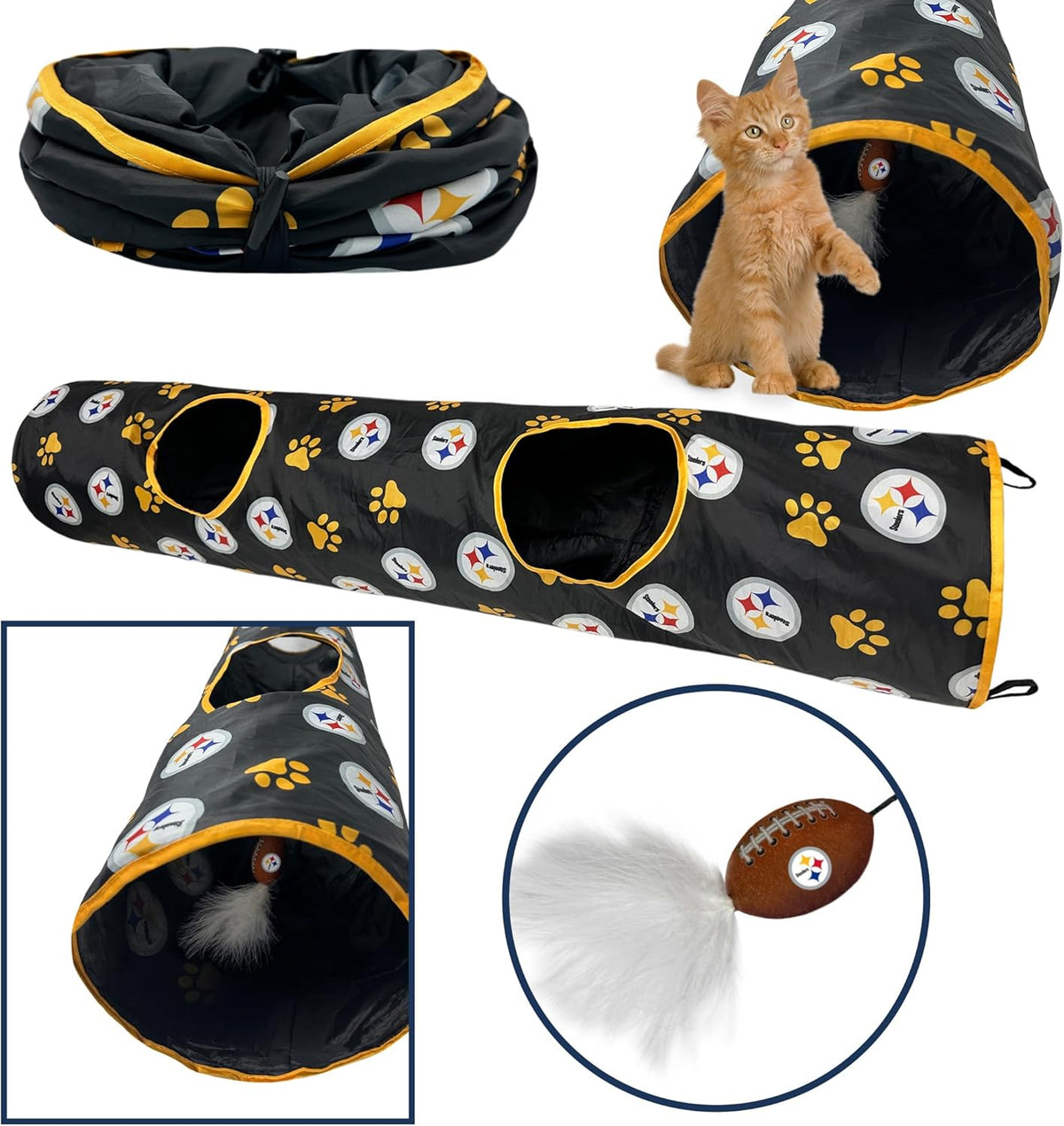 NFL Pittsburgh Steelers Cat Tunnel Tube Toy with Plush Football Catnip and Feathers Collapsible