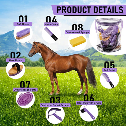 9 Pieces Horse Grooming Kit Tack Room Supplies Set with Organizer Tote Bag, Oval Massage Curry