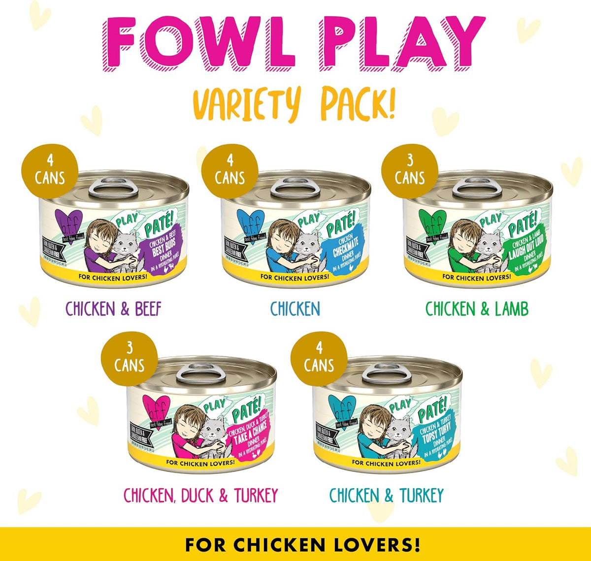 Weruva B.F.F. Play - Best Feline Friend Paté Lovers, Aw Yeah!, Fowl Play Yellow Patés Variety Pack