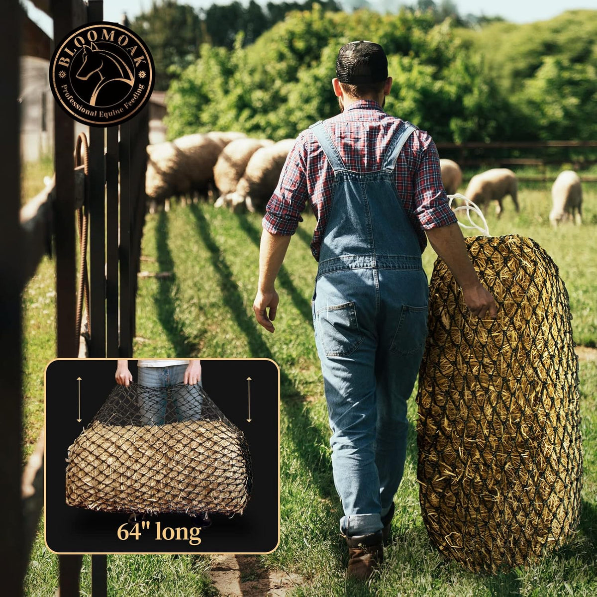 Bloomoak Slow Hay Net Feeder for Horses, Durable Soft Black PE 2String Hay Bales Bags with 2" Hole