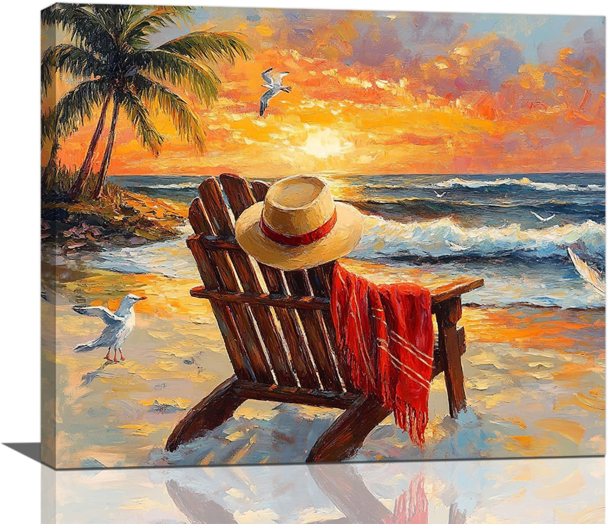 Beach Coastal Bathroom Pictures Wall Art, Seaside Ocean Bathroom Wall Decor, Sunrise Palm Framed