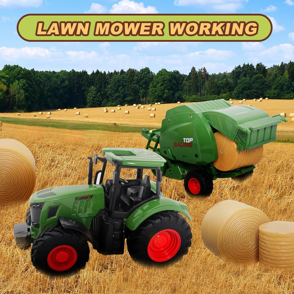 Farm Tractor Toys Set Bale Haying Round Baler with Barn Farmer,Cow,Farm Tools,Tree Farm Tractor Pla