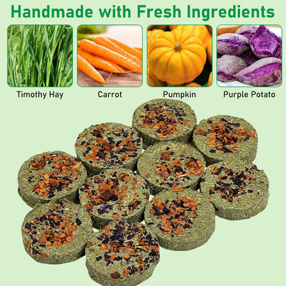 Fhiny 24 PCS Rabbit Chew Toys, Natural Timothy Hay Carrot Pumpkin Purple Potato Biscuit Cubes Bunny