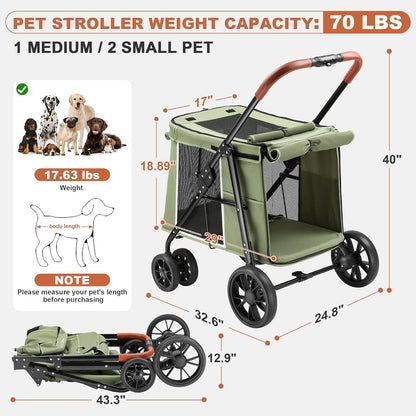 Medium Dog Stroller, Dual Entry One-Touch Folding,Small and Medium Pet Stroller,360° Rotating Front