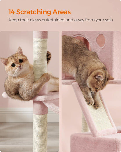 Feandrea Cat Tree, 81.1-Inch Large Cat Tower with 13 Scratching Posts, 2 Perches, 2 Caves, Basket