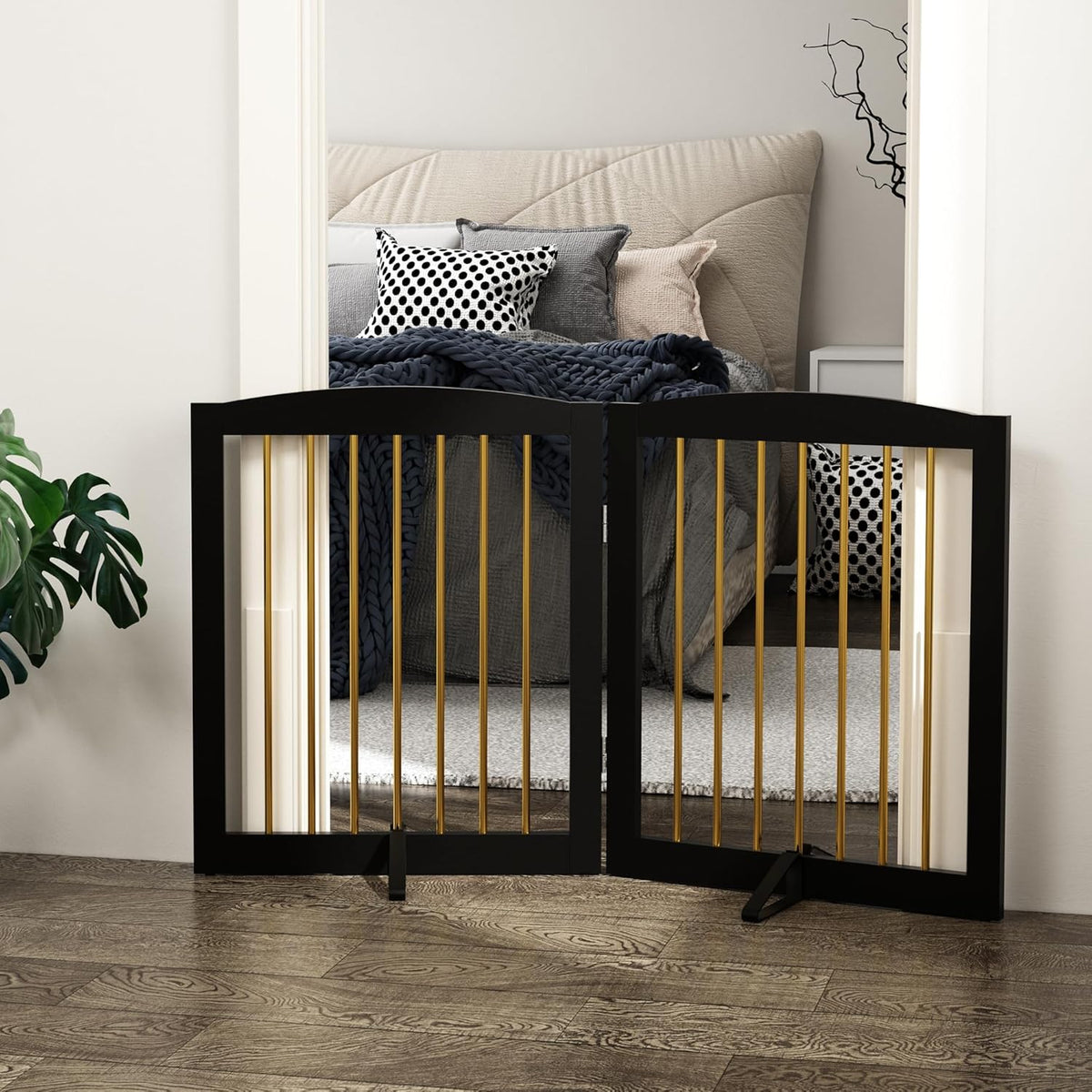 Freestanding Pet Gate for Dogs, Foldable Wooden Dog Gate for House, Stairs, Doorways, Step Over Pet