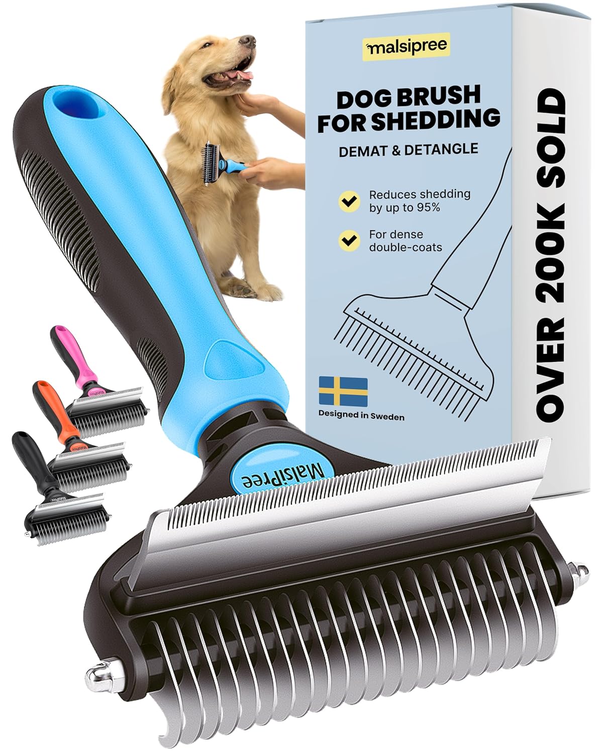 MalsiPree Dog Brush for Shedding - Large, Blue, 2-in-1 - Deshedding Dog Grooming Brush & Undercoat