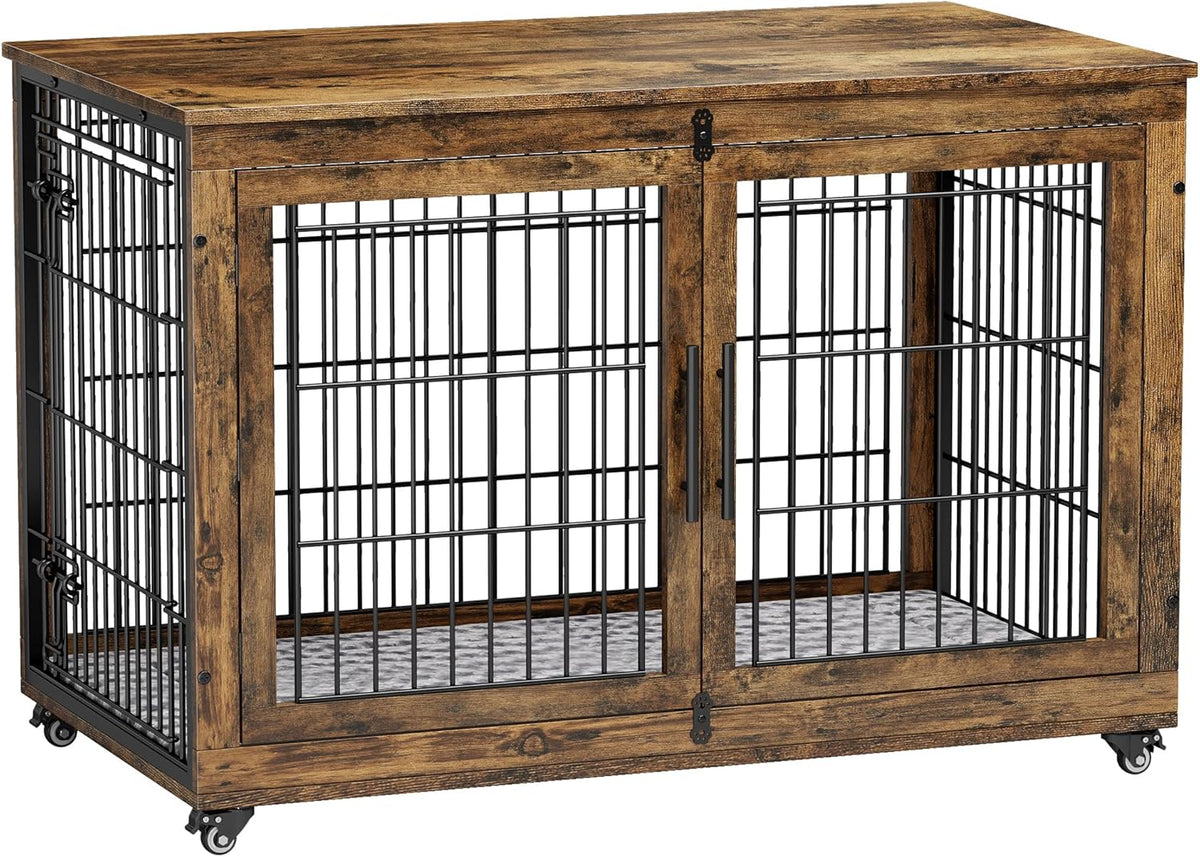 Lulive Dog Crate Furniture, XL Wooden Dog Kennel Indoor Double Doors Dog Cage, 44'' Heavy Duty Dog