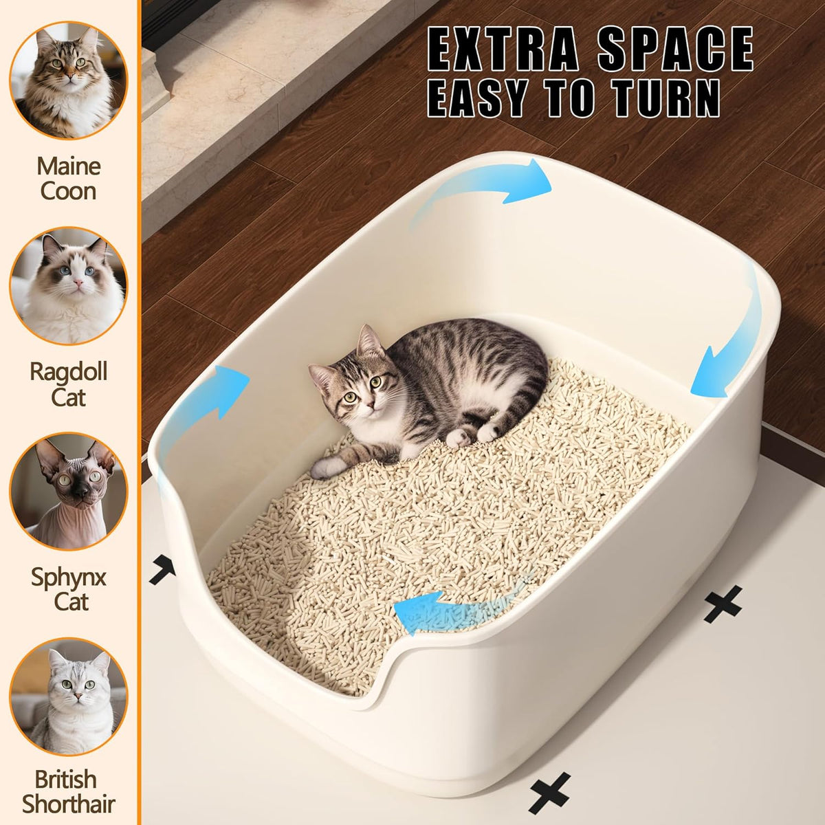 Gefryco Large Cat Litter Box with High Sided 24.6"x18.3"x12.2" - Jumbo Extra Large Open Anti