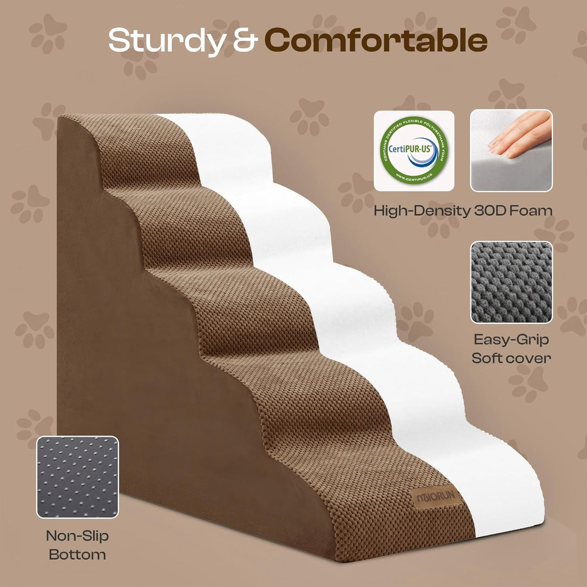 Dog Stairs for High Beds Up to 26-30", 5-Step Foam Pet Ramp with Washable Cover, Gentle Slope