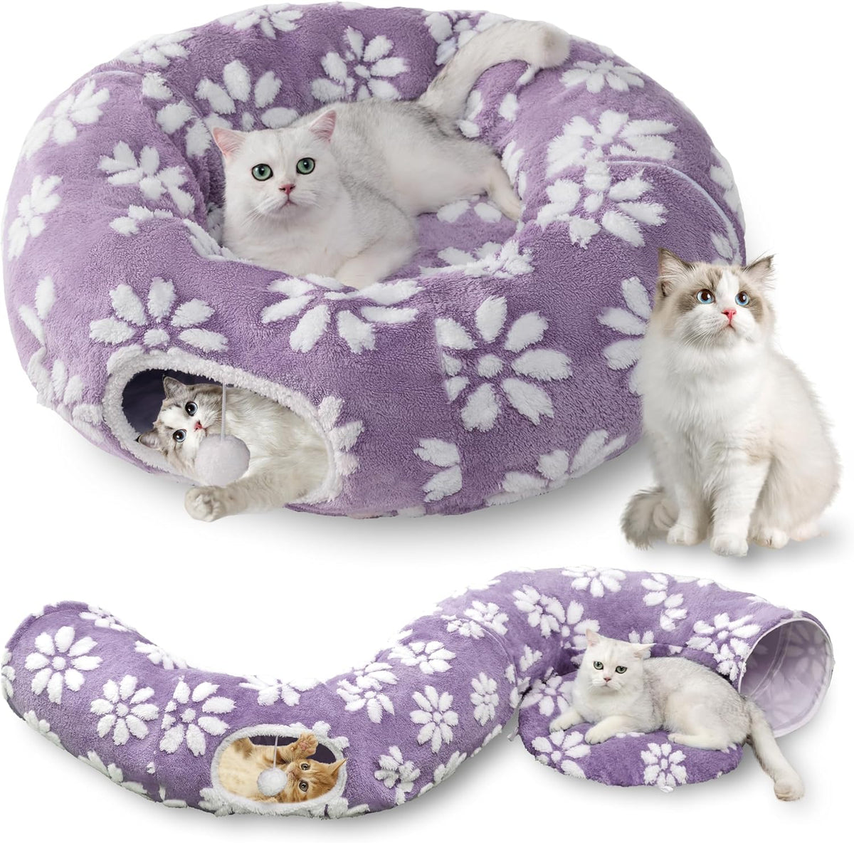 Cat Tunnel for Indoor Cats, Cute Peekaboo Cat Cave with Dangling Balls, Pet Donut Tunnel Bed with