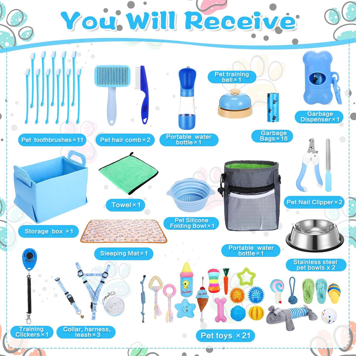 65 Pcs Puppy Supplies Starter Kit Small Dog Essentials Includes Dog Leash, Toys, Bowl, Brushes