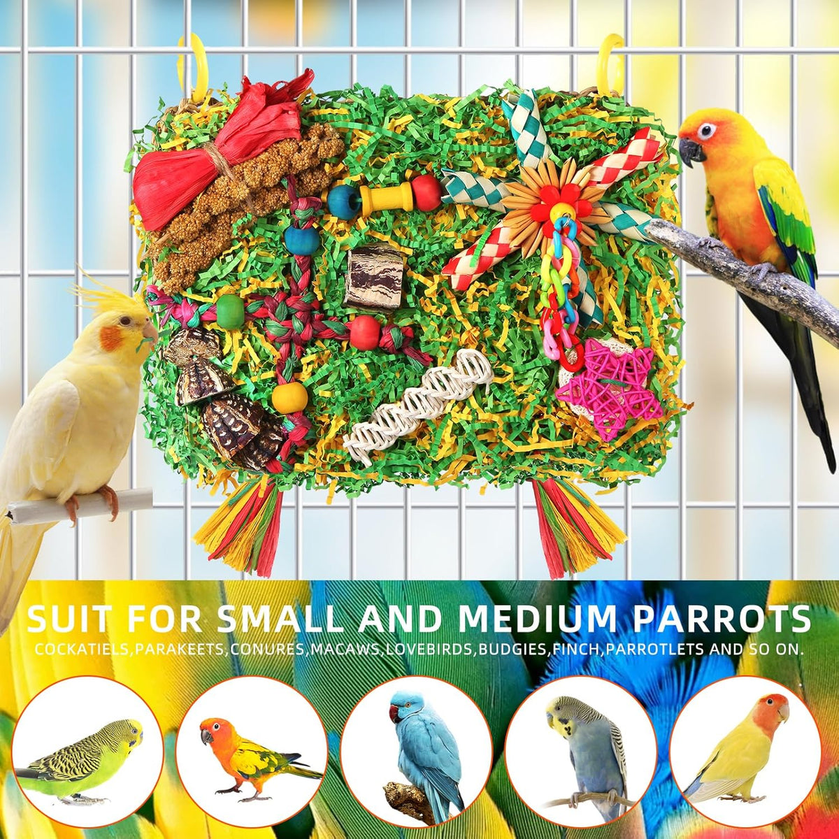 Bird Toys Parakeet Toys,Large-Sized Parrot Foraging & Shredding Cage Hanging Toys with Seagrass Mat