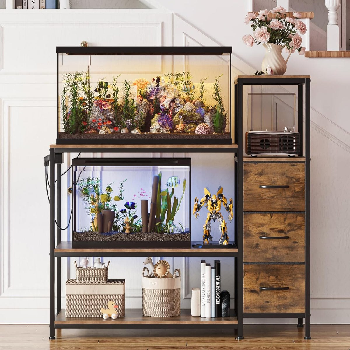 20 Gallon Aquarium Stand with Power Outlets Fish Tank Stand with 3 Drawers Metal Frame Heavy Duty