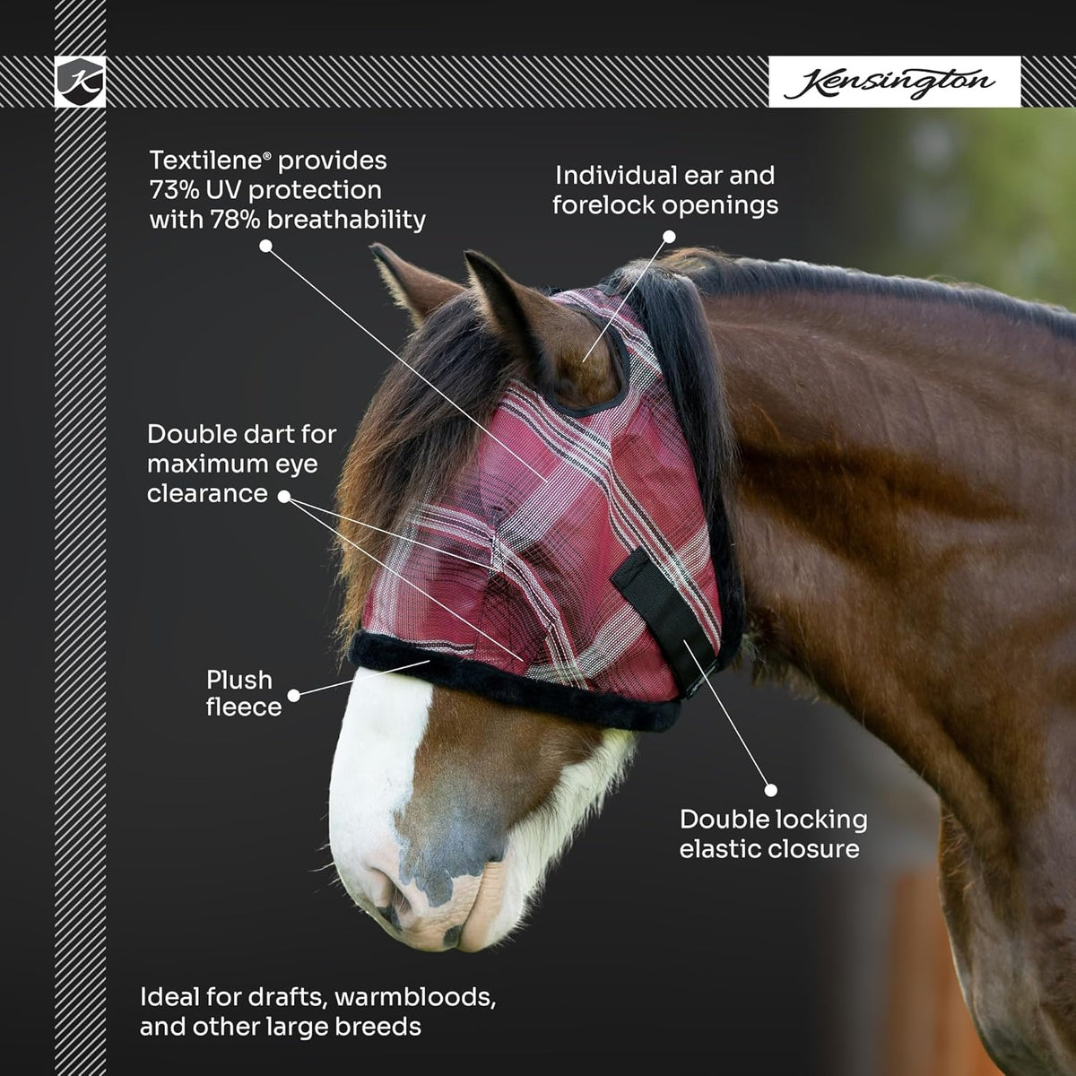 Kensington UV Fly Mask with Fleece Trim - Protective Mask with Dual Ear Opening Size: XXL Color: